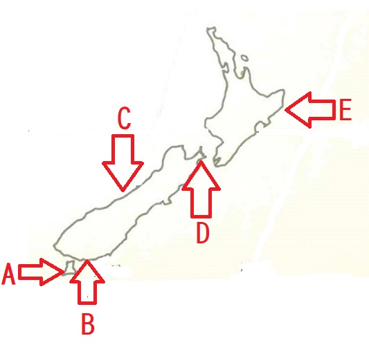 なしニュージーランド　白地図　緯線罫線 ABCDE